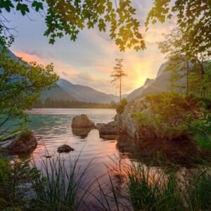 Mountain Landscapes - Peaceful mountain lake view with vibrant sunset  #4124074