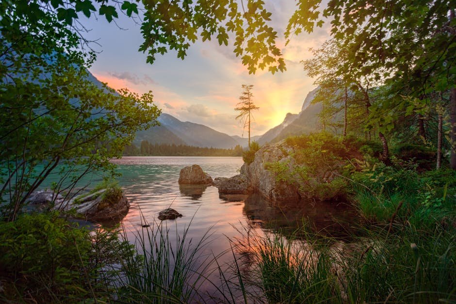 Mountain Landscapes - Peaceful mountain lake view with vibrant sunset #4124074